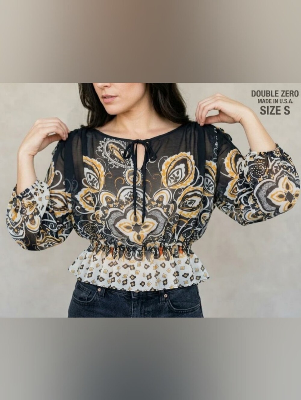 DOUBLE ZERO Sheer Paisley Boho Peplum Blouse Size S